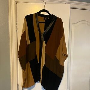 Colorblock Zipper Front Cardigan Sweater - Black/Brown/Cream